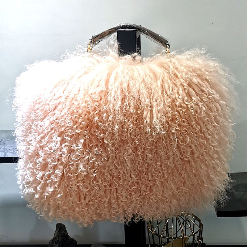 New Tansheep Fur Shoulder Bag for Women, Genuine Sheepskin Leather Crossbody Handbag with Tassel, Street Style Top-Handle Purse with Fluffy Texture