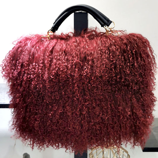 New Tansheep Fur Shoulder Bag for Women, Genuine Sheepskin Leather Crossbody Handbag with Tassel, Street Style Top-Handle Purse with Fluffy Texture