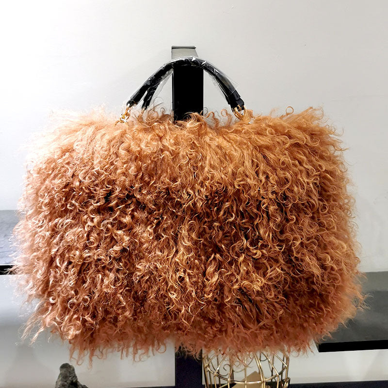 New Tansheep Fur Shoulder Bag for Women, Genuine Sheepskin Leather Crossbody Handbag with Tassel, Street Style Top-Handle Purse with Fluffy Texture