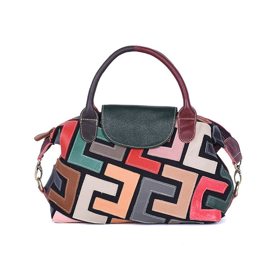 Genuine Cowhide Colorful Patchwork Handbag for Women, Button Flap Top Handle Bag, Soft Street Style Trendy Color Block Purse for Ladies