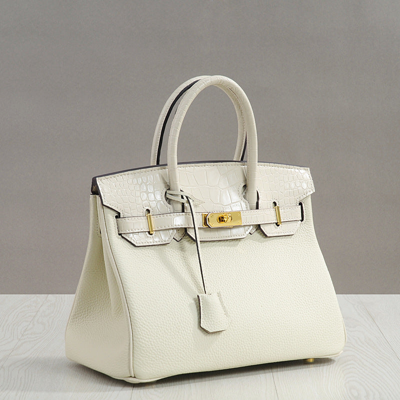 Genuine Top Layer Cowhide Patchwork Birkin-Style Bag for Women, New Casual Fashion Pebbled & Crocodile-Embossed Large Capacity Top Handle Handbag, Trendy Purse for Ladies