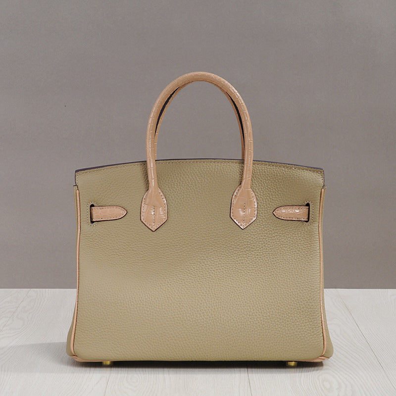 Genuine Cowhide Vintage Birkin-Style Bag for Women, Palm & Crocodile-Embossed Top Handle Crossbody Purse, Chic Elegant Handbag for Ladies