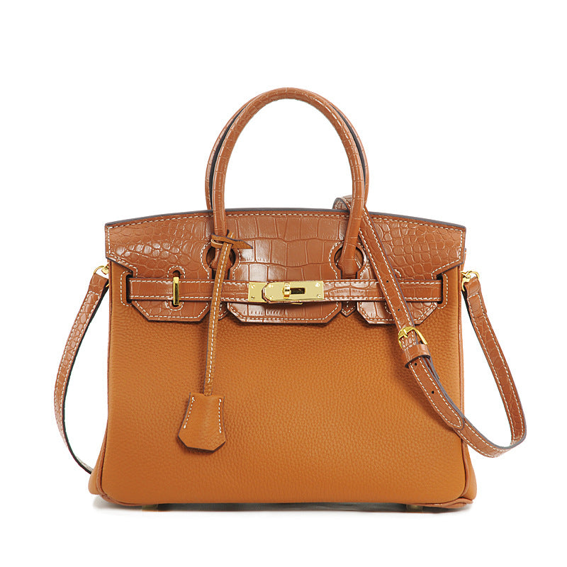 Genuine Cowhide Vintage Birkin-Style Bag for Women, Palm & Crocodile-Embossed Top Handle Crossbody Purse, Chic Elegant Handbag for Ladies