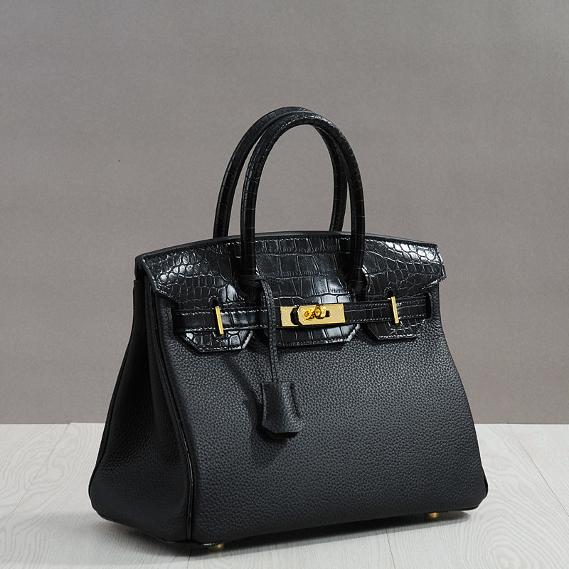 Genuine Top Layer Cowhide Patchwork Birkin-Style Bag for Women, New Casual Fashion Pebbled & Crocodile-Embossed Large Capacity Top Handle Handbag, Trendy Purse for Ladies