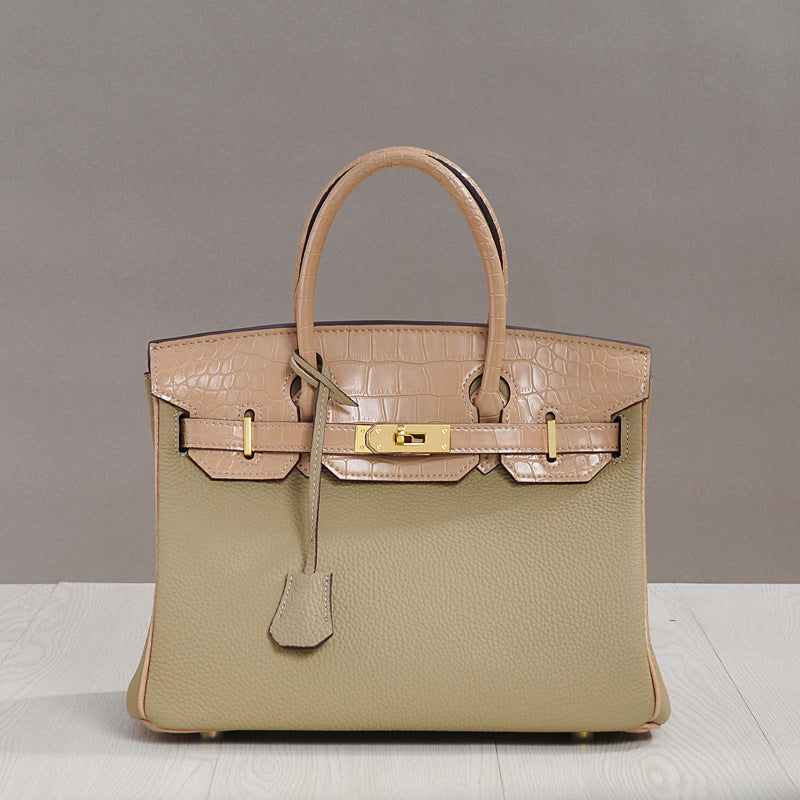Genuine Cowhide Vintage Birkin-Style Bag for Women, Palm & Crocodile-Embossed Top Handle Crossbody Purse, Chic Elegant Handbag for Ladies