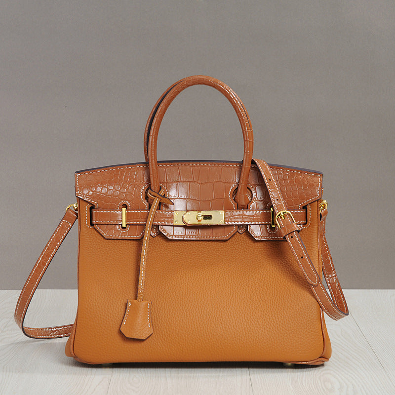 Genuine Top Layer Cowhide Patchwork Birkin-Style Bag for Women, New Casual Fashion Pebbled & Crocodile-Embossed Large Capacity Top Handle Handbag, Trendy Purse for Ladies