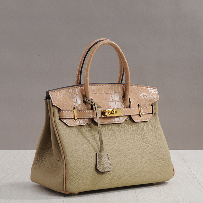 Genuine Cowhide Vintage Birkin-Style Bag for Women, Palm & Crocodile-Embossed Top Handle Crossbody Purse, Chic Elegant Handbag for Ladies