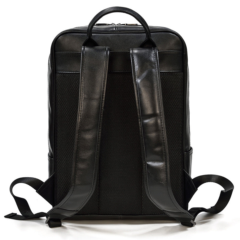 Black Genuine Leather 15-Inch Laptop Backpack, Commute School Travel Daypack, Premium Cowhide Computer Bag for Men