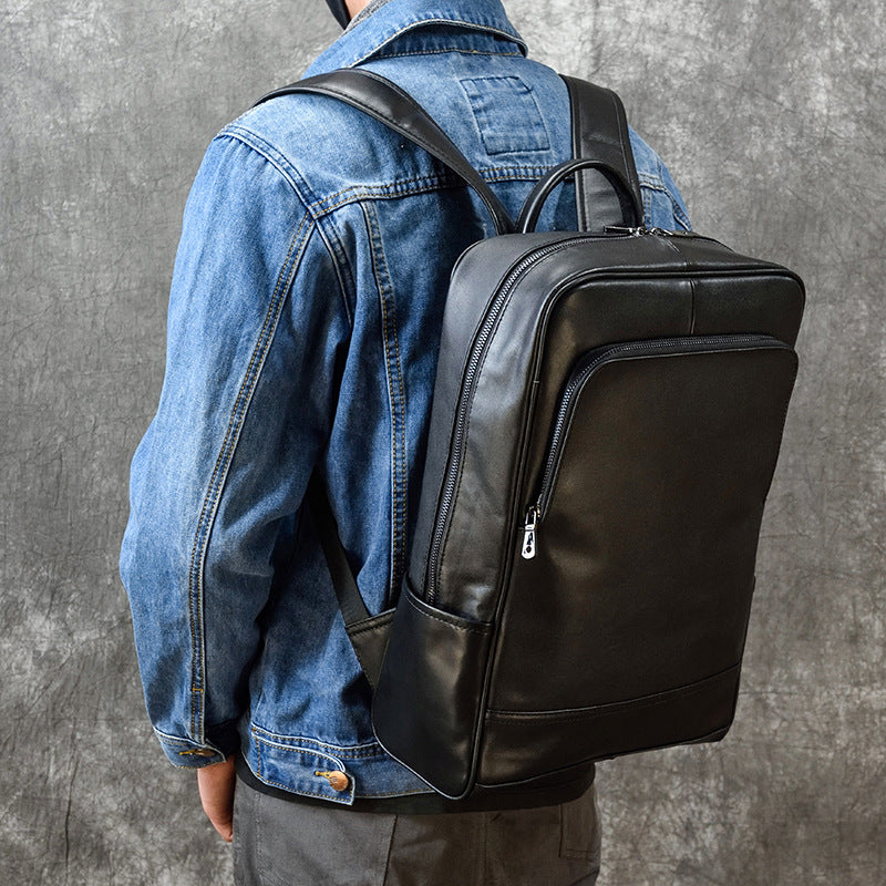 Black Genuine Leather 15-Inch Laptop Backpack, Commute School Travel Daypack, Premium Cowhide Computer Bag for Men