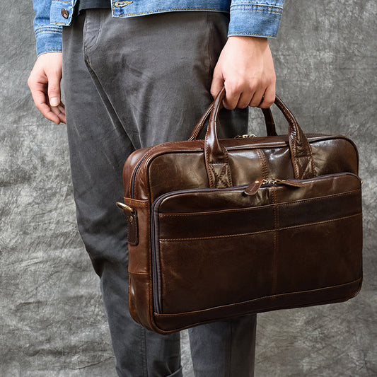 Genuine Top Layer Cowhide Business Briefcase for Men, Top Handle Shoulder Crossbody Laptop Bag, Outdoor Work Commute Bag 3319 for Gentlemen