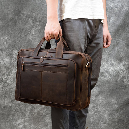 Vintage Crazy Horse Leather Business Briefcase, Top Handle Shoulder Crossbody Work Bag, Premium Cowhide Commute Bag for Men