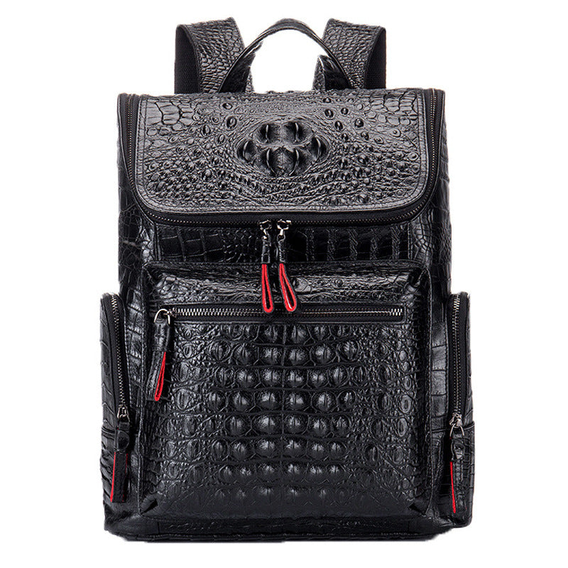 Genuine Cowhide Crocodile-Embossed Backpack for Men, Fashionable Creative Student School Travel Daypack, Durable Leather Laptop Computer Bag for Gentlemen