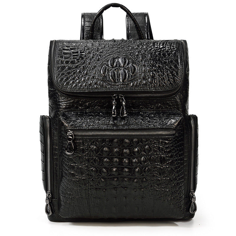 Genuine Cowhide Crocodile-Embossed Backpack for Men, Fashionable Creative Student School Travel Daypack, Durable Leather Laptop Computer Bag for Gentlemen
