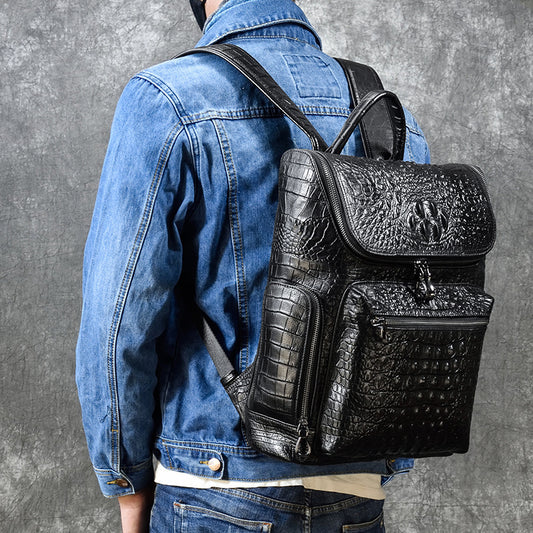 Genuine Cowhide Crocodile-Embossed Backpack for Men, Fashionable Creative Student School Travel Daypack, Durable Leather Laptop Computer Bag for Gentlemen