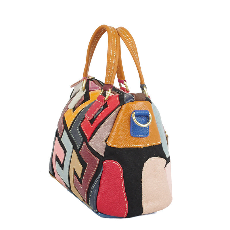 Genuine Cowhide Patterned Color Block Handbag for Women, Versatile Shoulder Crossbody Top Handle Purse, Trendy Casual Bag for Ladies