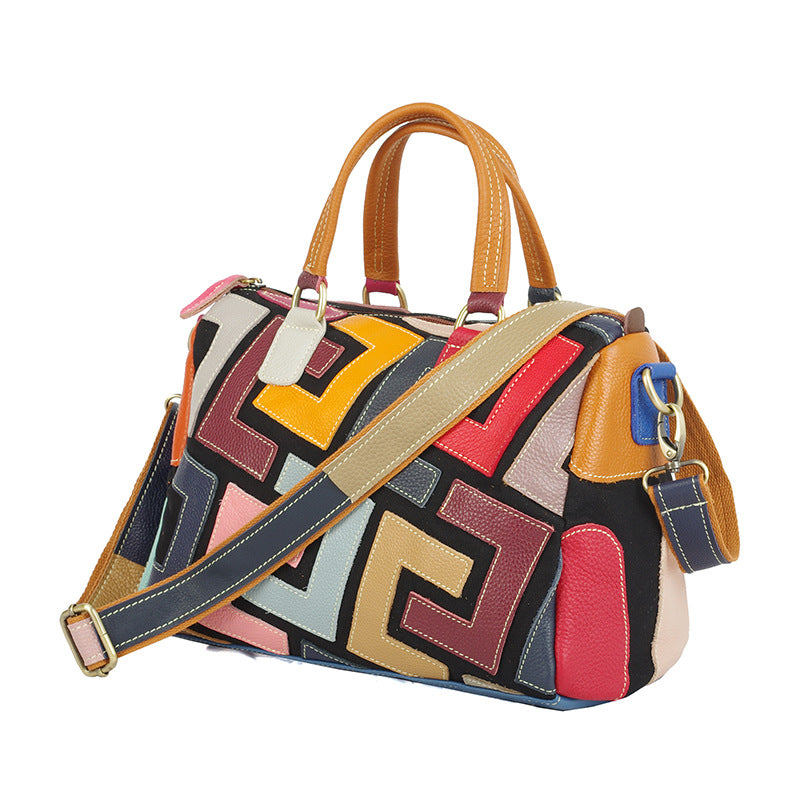 Genuine Cowhide Patterned Color Block Handbag for Women, Versatile Shoulder Crossbody Top Handle Purse, Trendy Casual Bag for Ladies
