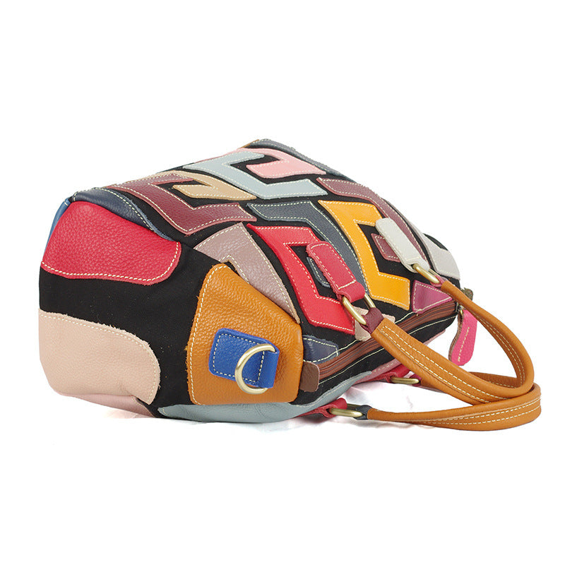 Genuine Cowhide Patterned Color Block Handbag for Women, Versatile Shoulder Crossbody Top Handle Purse, Trendy Casual Bag for Ladies