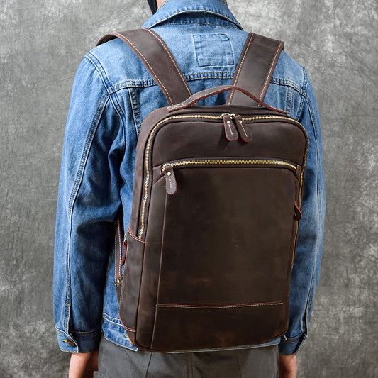 Vintage Crazy Horse Leather Casual Backpack, Student School Travel Daypack, Premium Top Layer Cowhide Outdoor Bag for Men
