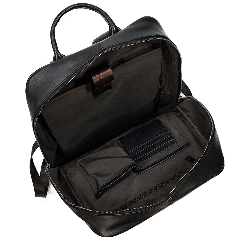 Black Genuine Leather 15-Inch Laptop Backpack, Commute School Travel Daypack, Premium Cowhide Computer Bag for Men