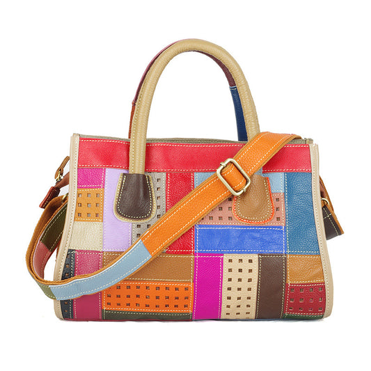 Premium Genuine Leather Kelly-Style Patchwork Bag for Women | Colorful Color-Block Cross-Body Shoulder Top-Handle Handbag with Unique Artistic Design | Versatile 3-in-1 Carry Purse for Work, Errands, Travel & Everyday Chic | Trendy Statement Accessor