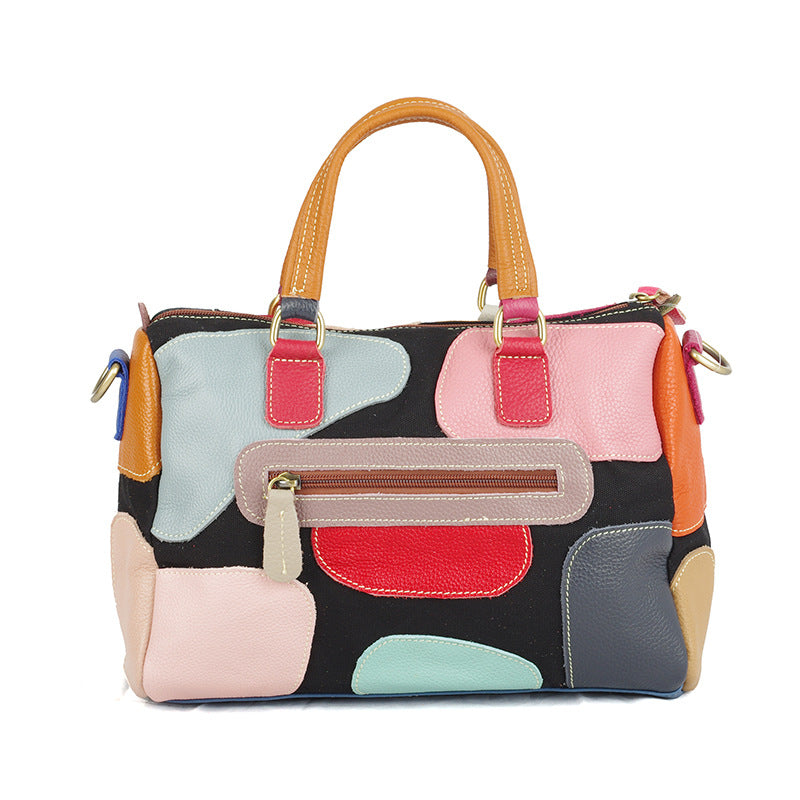 Genuine Cowhide Patterned Color Block Handbag for Women, Versatile Shoulder Crossbody Top Handle Purse, Trendy Casual Bag for Ladies
