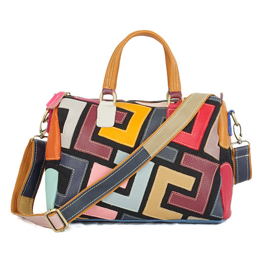 Genuine Cowhide Patterned Color Block Handbag for Women, Versatile Shoulder Crossbody Top Handle Purse, Trendy Casual Bag for Ladies