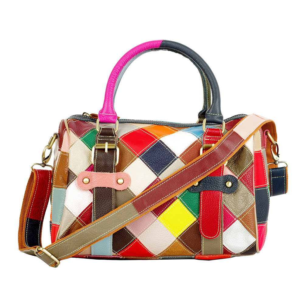 Genuine Cowhide Colorful Color Block Patchwork Handbag for Women, Shoulder Crossbody Top Handle Purse, Trendy Casual Bag for Ladies