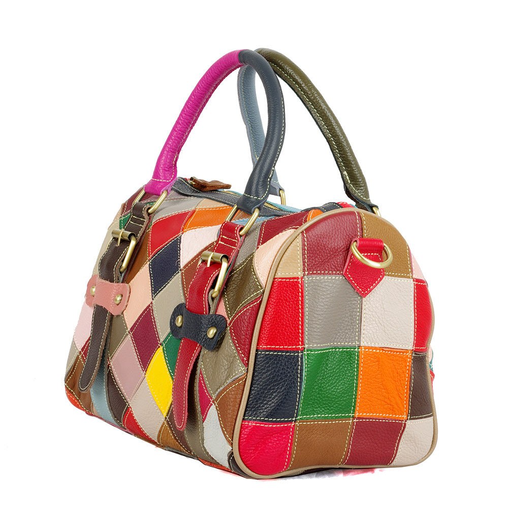 Genuine Cowhide Colorful Color Block Patchwork Handbag for Women, Shoulder Crossbody Top Handle Purse, Trendy Casual Bag for Ladies