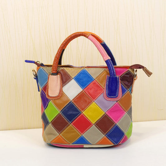 Genuine Cowhide Color Block Plaid Bucket Bag for Women, Designer Crossbody Top Handle Shoulder Purse, Colorful Casual Handbag for Ladies