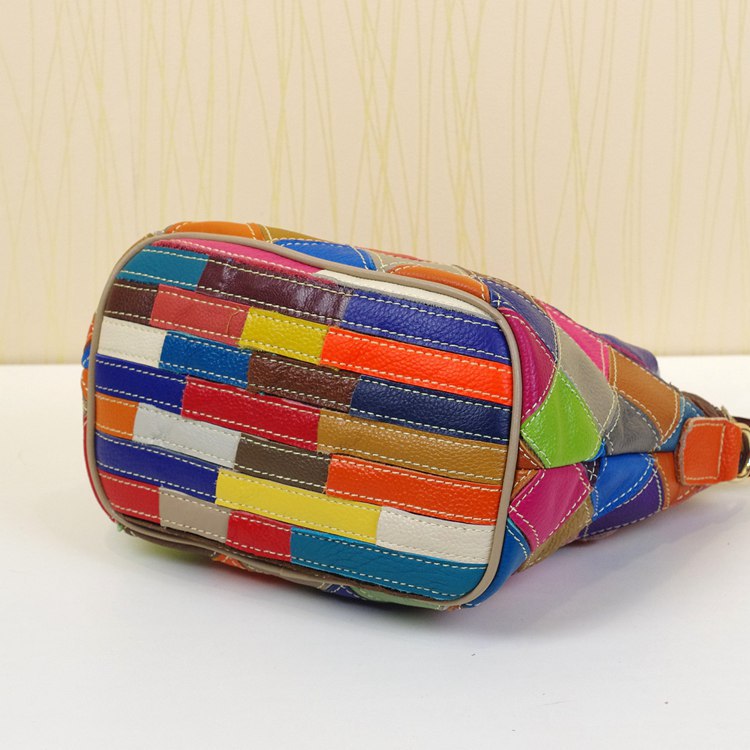 Genuine Cowhide Color Block Plaid Bucket Bag for Women, Designer Crossbody Top Handle Shoulder Purse, Colorful Casual Handbag for Ladies