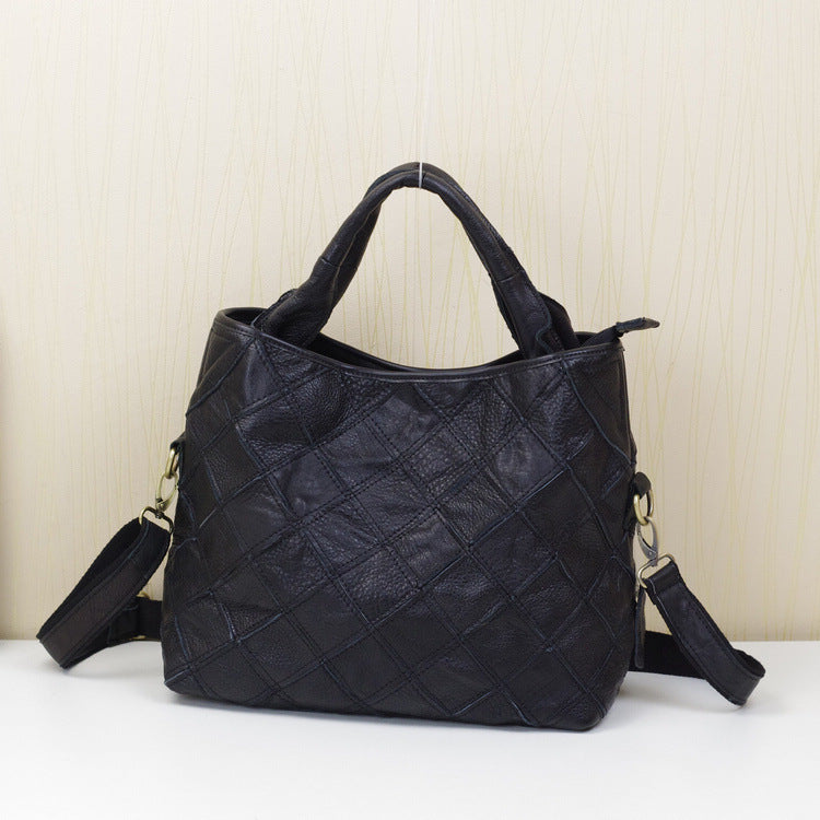 Premium Top-Layer Cowhide Leather Quilted Tote for Women | Ethnic-Inspired Color-Block Handbag with Unique Artistic Flair | Versatile Shoulder Top-Handle Bag with Trendy Bohemian Style | Statement Everyday Carryall with Vibrant Contrast Stitching & S