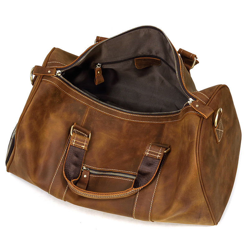 Large Capacity Crazy Horse Leather Travel Duffle for Men, Top Handle Luggage Bag with Shoe Compartment, Premium Cowhide Weekender for Gentlemen
