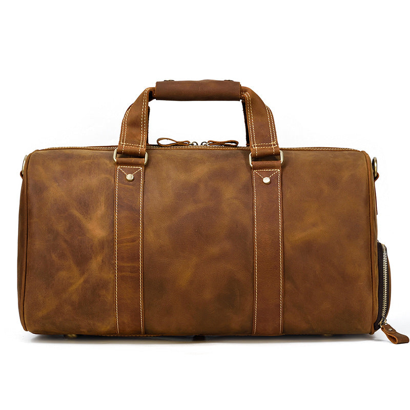 Large Capacity Crazy Horse Leather Travel Duffle for Men, Top Handle Luggage Bag with Shoe Compartment, Premium Cowhide Weekender for Gentlemen