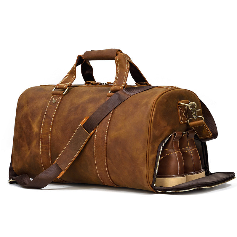 Large Capacity Crazy Horse Leather Travel Duffle for Men, Top Handle Luggage Bag with Shoe Compartment, Premium Cowhide Weekender for Gentlemen