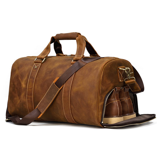 Large Capacity Crazy Horse Leather Travel Duffle for Men, Top Handle Luggage Bag with Shoe Compartment, Premium Cowhide Weekender for Gentlemen
