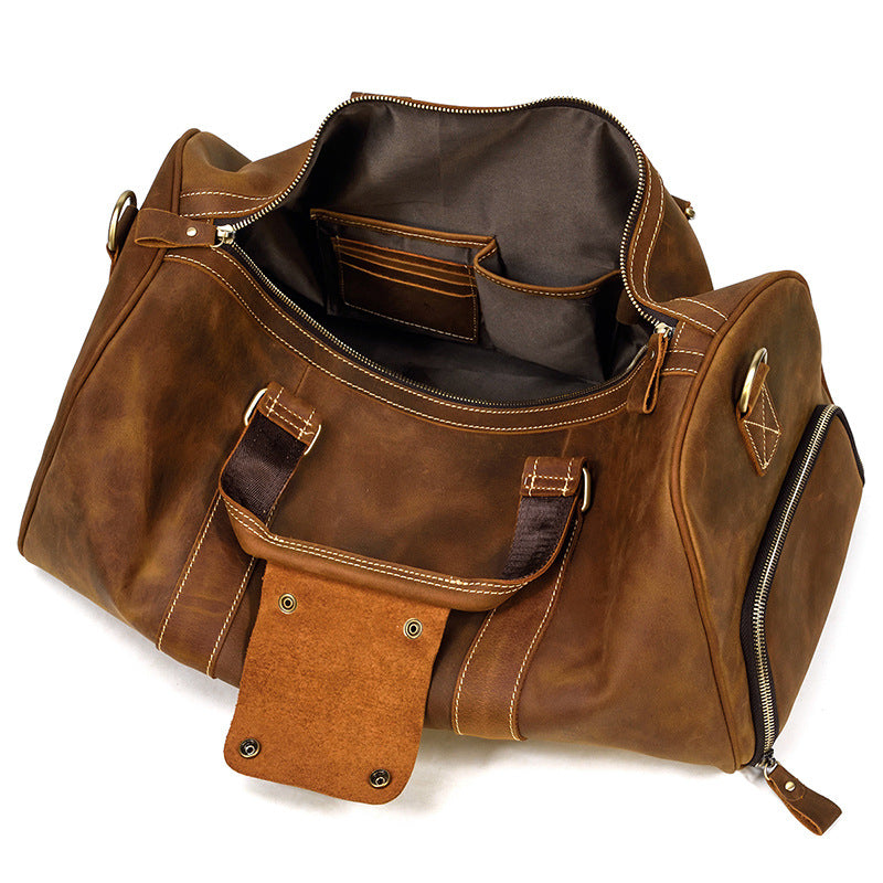 Large Capacity Crazy Horse Leather Travel Duffle for Men, Top Handle Luggage Bag with Shoe Compartment, Premium Cowhide Weekender for Gentlemen