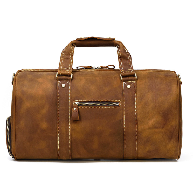 Large Capacity Crazy Horse Leather Travel Duffle for Men, Top Handle Luggage Bag with Shoe Compartment, Premium Cowhide Weekender for Gentlemen