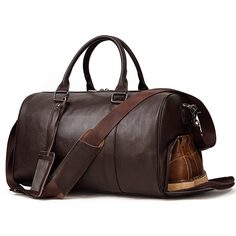 Blue Purple Vintage Pebbled Leather Travel Duffle, Large Gym Bag with Shoe Compartment, Fashionable Top Handle Weekender for Men