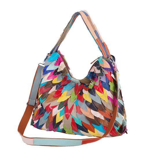 Genuine Lambskin Leather Colorful Color Block Maple Leaf Handbag for Women, Soft Crossbody Shoulder Medium Tote Purse, Casual Everyday Bag for Ladies