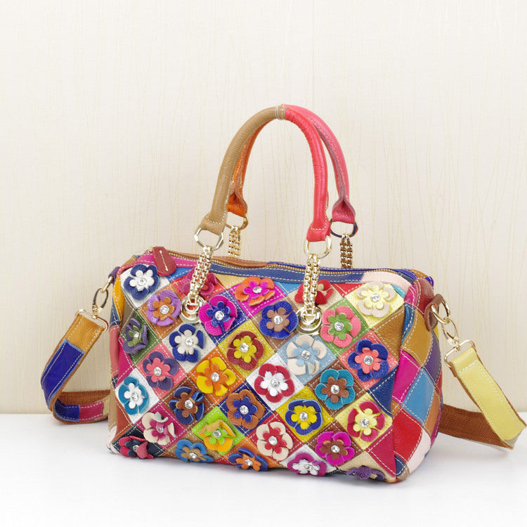 Genuine Cowhide Colorful Floral Handbag for Women, New Arrival Top Handle Crossbody Purse, Stylish Designer Bag for Ladies