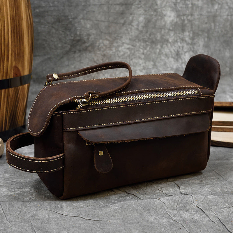 New Crazy Horse Leather Multifunctional Clutch, Large Capacity Toiletry Cosmetic Travel Pouch, Premium Storage Organizer for Men and Women