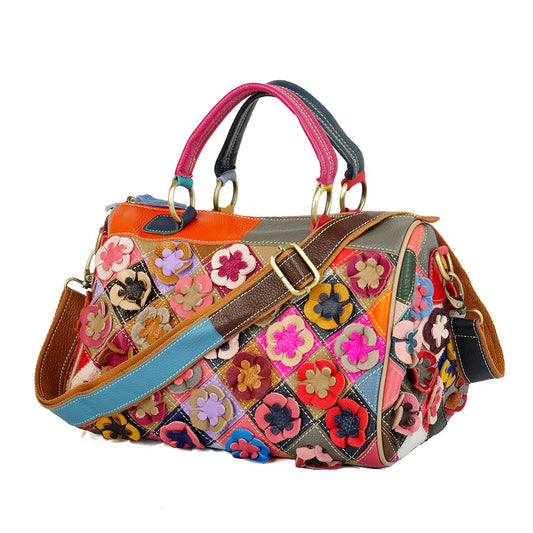 Genuine Top Layer Cowhide Colorful Floral Handbag for Women, Color Block Pillow Crossbody Top Handle Purse, Versatile Storage Shoulder Bag for Ladies