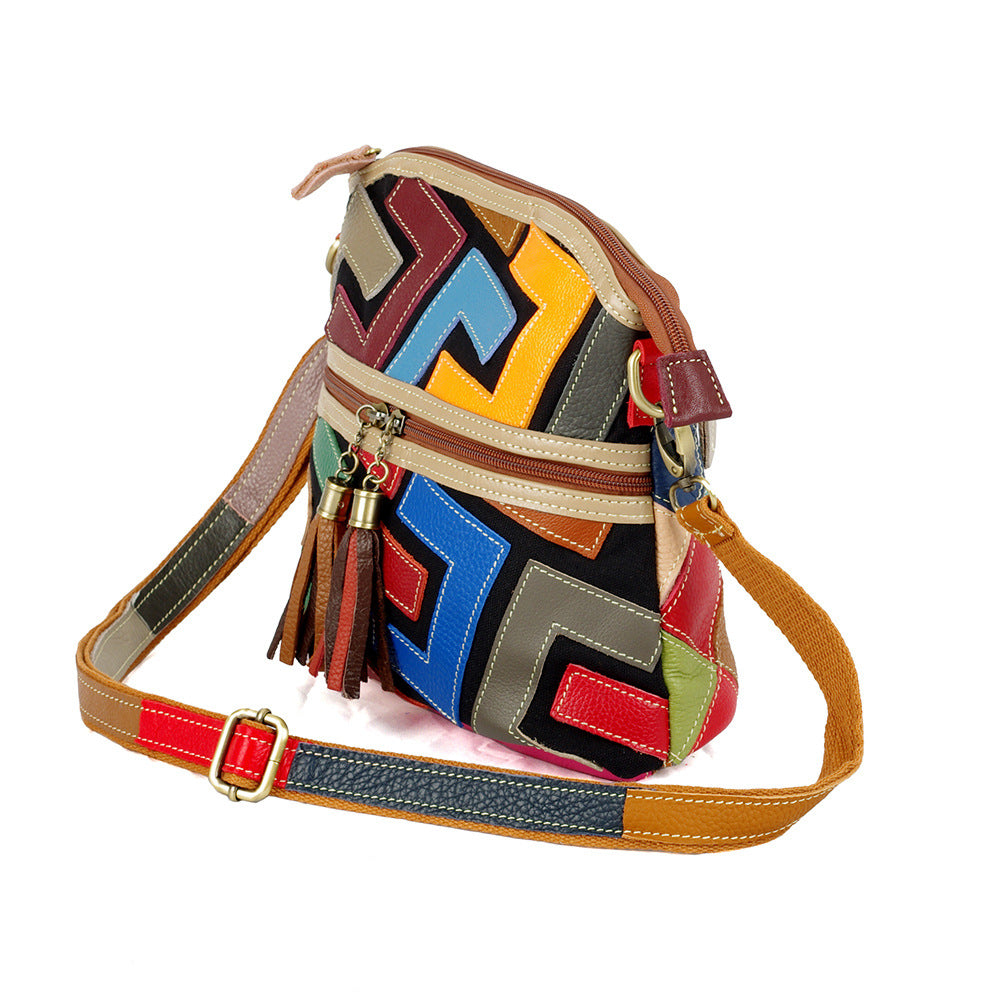 Genuine Top Layer Cowhide Handmade Patchwork Letter Small Square Bag for Women, Colorful Shell Crossbody Shoulder Purse, Trendy Casual Handbag for Ladies