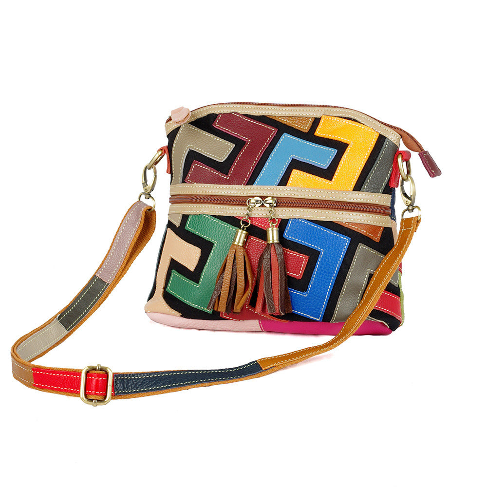 Genuine Top Layer Cowhide Handmade Patchwork Letter Small Square Bag for Women, Colorful Shell Crossbody Shoulder Purse, Trendy Casual Handbag for Ladies