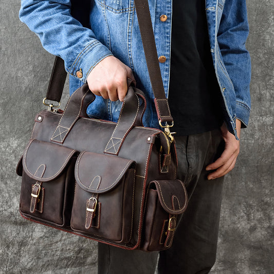 Vintage Crazy Horse Leather Laptop Briefcase, Top Handle Shoulder Work Bag, Premium Cowhide Computer Bag for Men