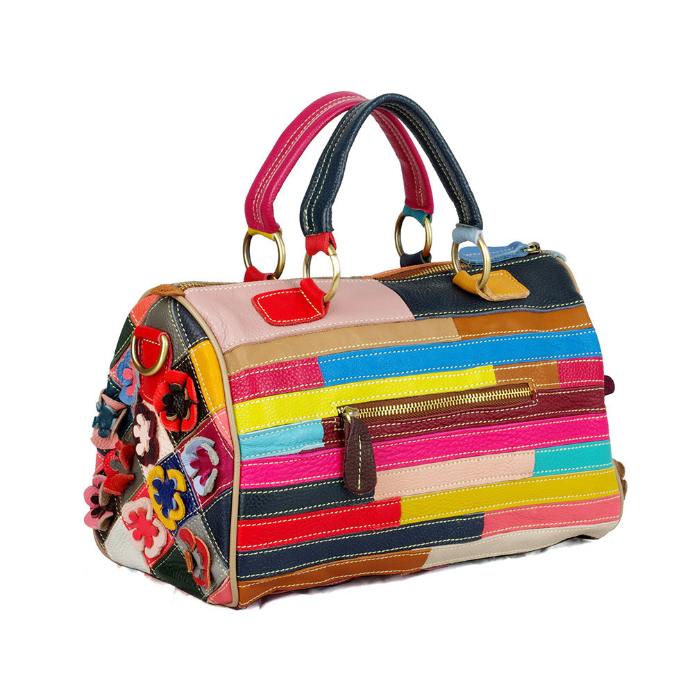Genuine Top Layer Cowhide Colorful Floral Handbag for Women, Color Block Pillow Crossbody Top Handle Purse, Versatile Storage Shoulder Bag for Ladies