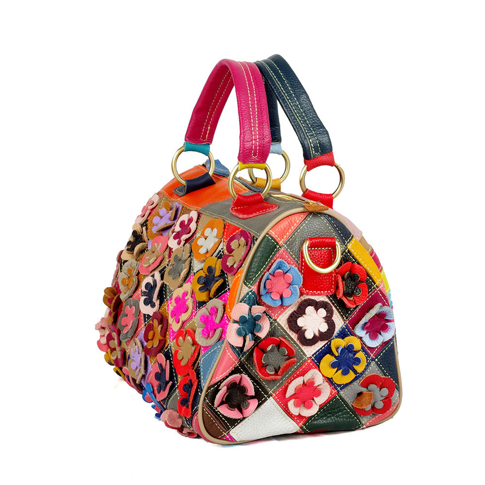 Genuine Top Layer Cowhide Colorful Floral Handbag for Women, Color Block Pillow Crossbody Top Handle Purse, Versatile Storage Shoulder Bag for Ladies