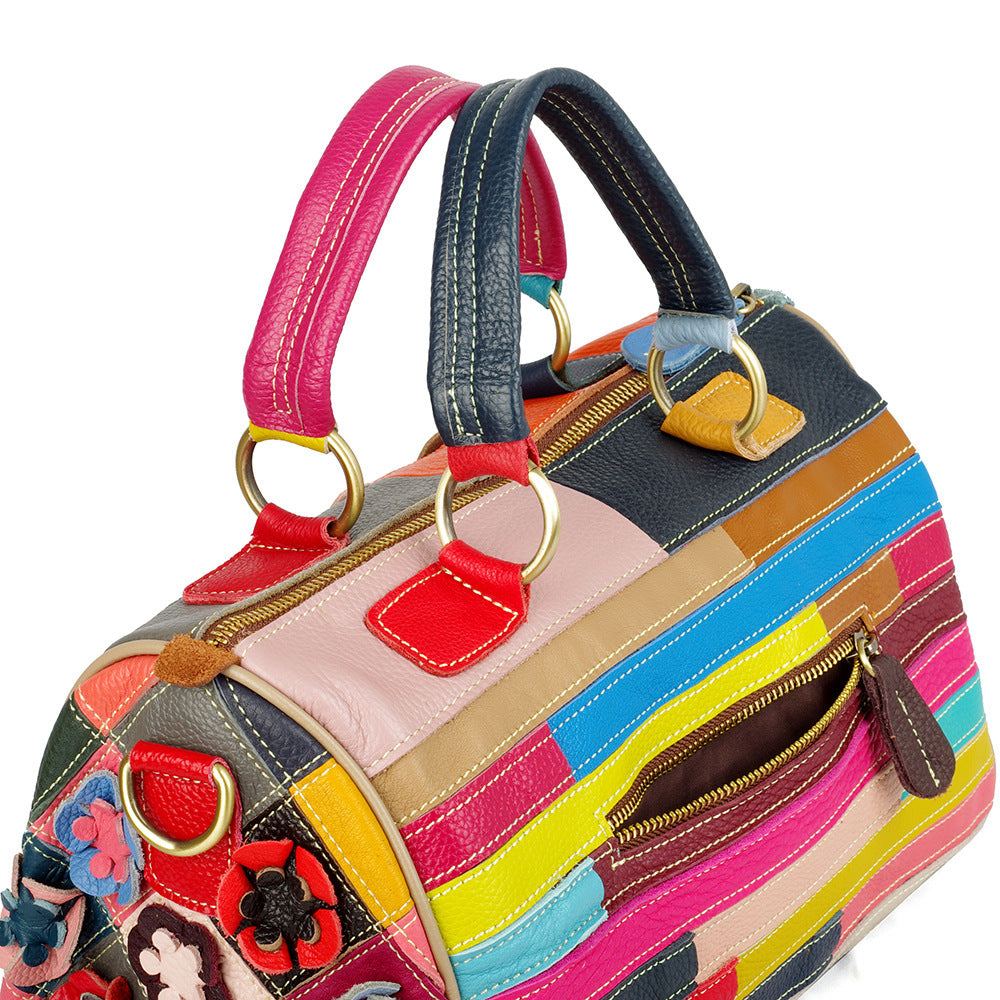Genuine Top Layer Cowhide Colorful Floral Handbag for Women, Color Block Pillow Crossbody Top Handle Purse, Versatile Storage Shoulder Bag for Ladies