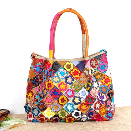 Genuine Leather Bohemian Floral Color Block Woven Tote Bag for Women, Designer Casual Shoulder Crossbody Handbag, Trendy Boho Purse for Ladies