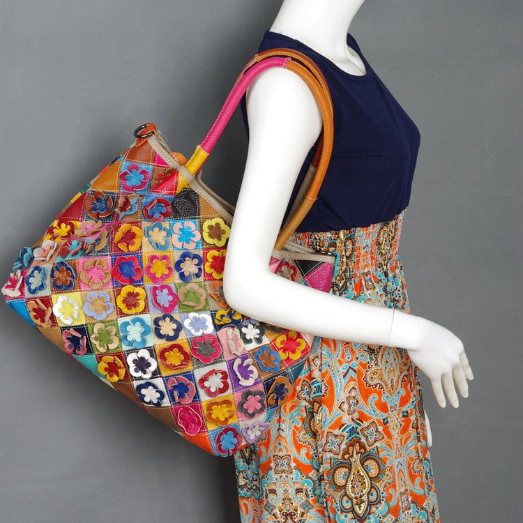 Genuine Leather Bohemian Floral Color Block Woven Tote Bag for Women, Designer Casual Shoulder Crossbody Handbag, Trendy Boho Purse for Ladies